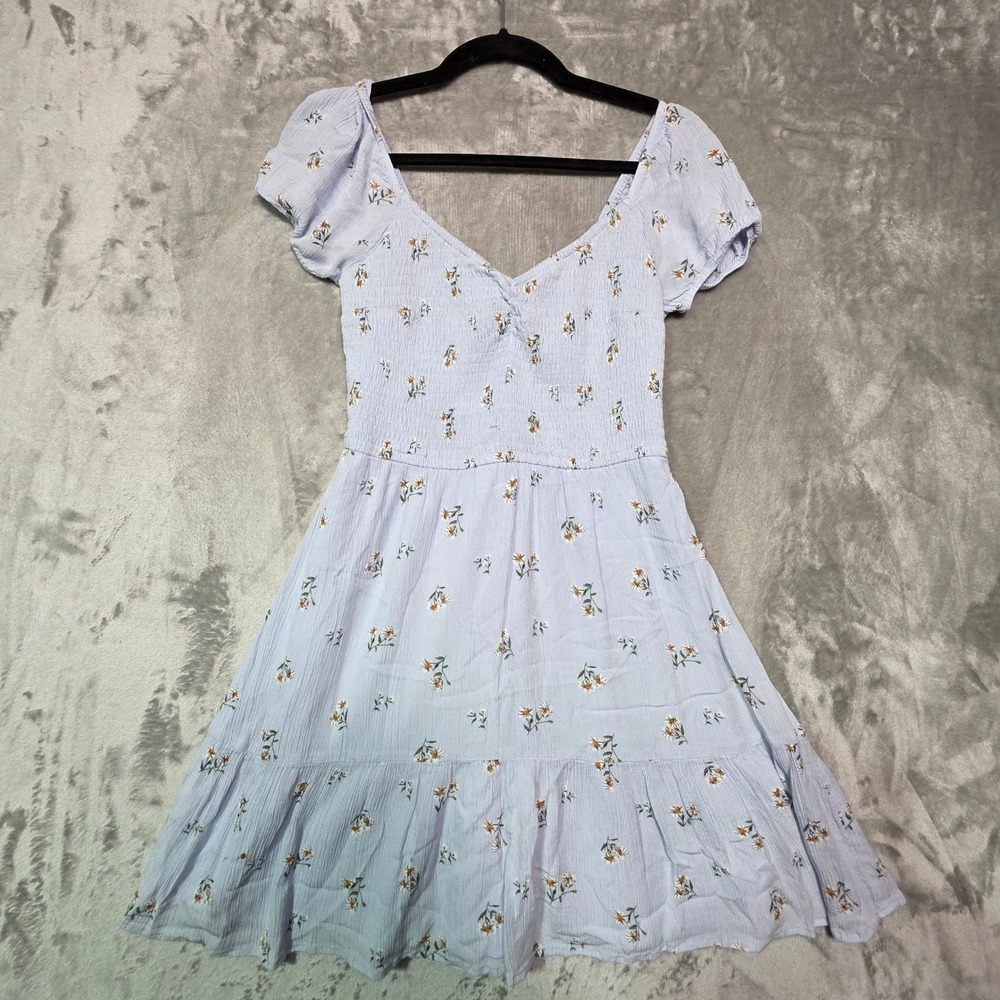 Hollister Kids Blue Floral Smocked Puff Sleeve Tiered Mini Dress Size M
